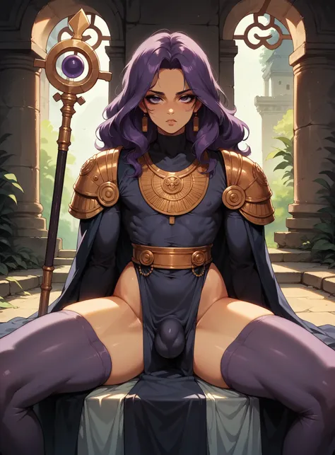 Mature mystic sorcerer femboy, dimly lit, ancient ruin, magical robes, staff, short wavy purple hair, high thigh purple stockings, sitting on a stone altar, legs spread, thick, big bulge, tight sexy booty, enigmatic expression, 8K cinematic, sexy, revealin...