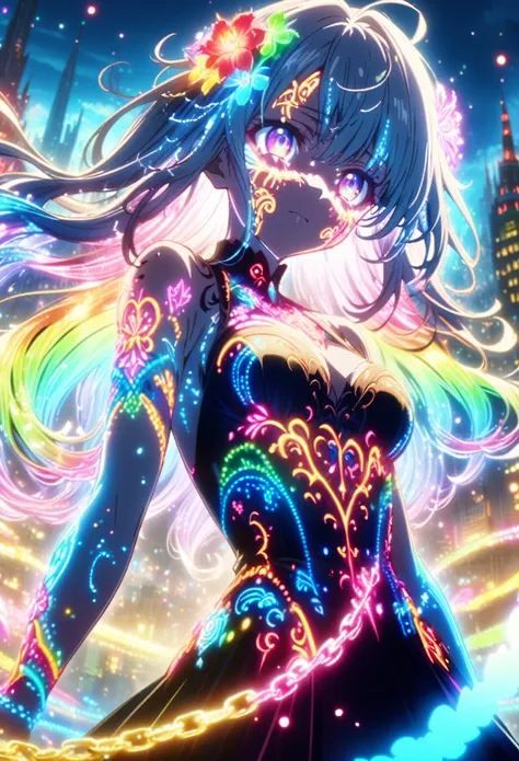 anime screenshot, artistic illustration of a female anime character decorated with glowing neon flower and chain tattoos all ove...