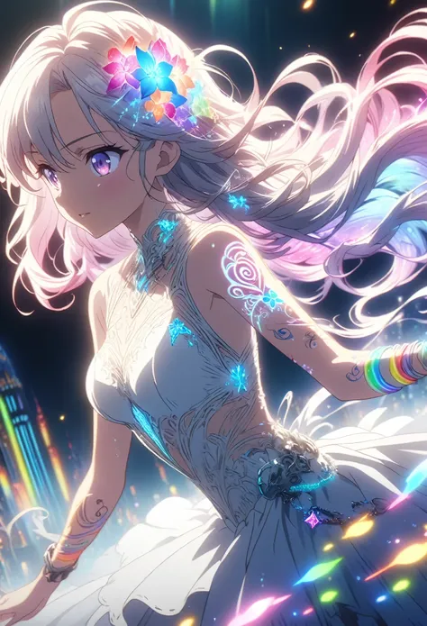 Anime screenshot, artistic illustration of a female anime character with glowing neon flower and chain tattoos decorated in spirals all over her body. The tattoo on the arm is mixed with white and red, rainbow and white light, emitting neon light. With flo...