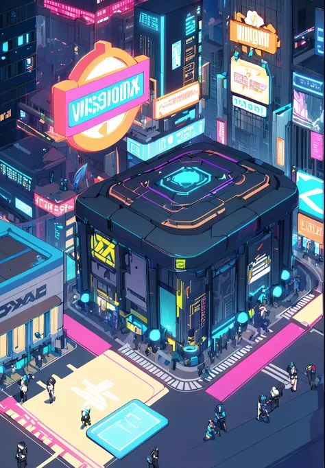 a group of people, city, wisosdxl, best quality, masterpiece, cyberpunk, isometric scene, anime,