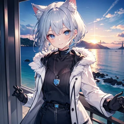 Gray Hair　blue eyes　short hair　have　student　Cat ear　Nice　Blue Earrings　necklace　gloves　beauty　thin　Sailor suit　Wearing a black coat　Fantasy　smile　Coastal　sunset　Fluffy hair