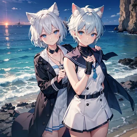 Gray Hair　blue eyes　short hair　have　student　Cat ear　Nice　Blue Earrings　necklace　gloves　beauty　thin　Sailor suit　Wearing a black coat　Fantasy　smile　Coastal　sunset　Fluffy hair