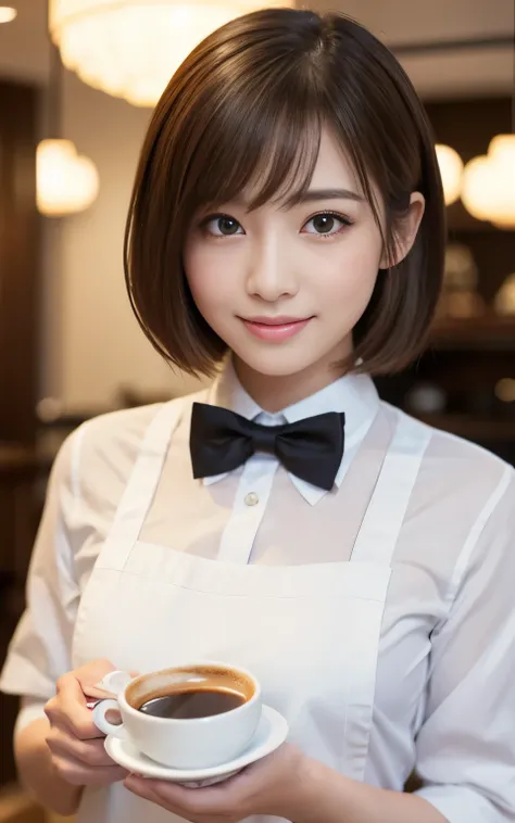 Cute 2 Japanese、apron、Black bow tie、Waiter、Cafe、Highly detailed face、Attention to detail、double eyelid、Beautiful thin nose、Sharp focus:1.2、beauty:1.4、(Light brown hair、short hair、)、Pure white skin、Highest quality、masterpiece、Ultra-high resolution、(Realisti...