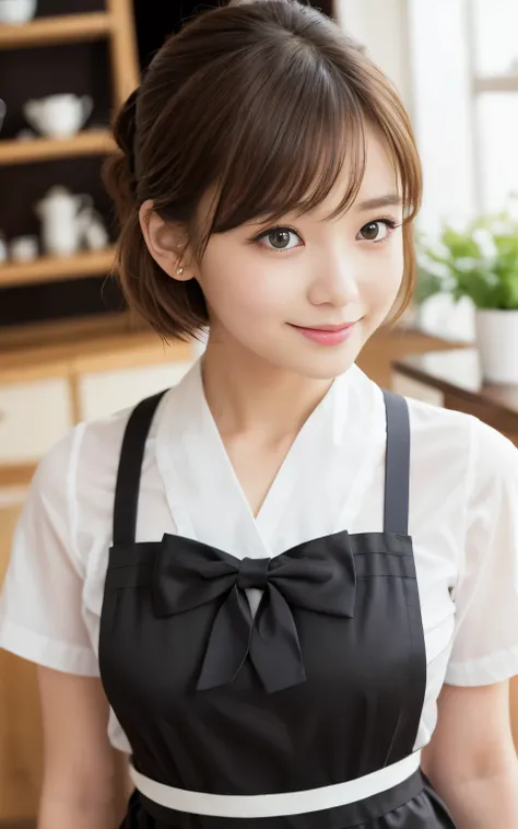 Cute 2 Japanese、apron、Black bow tie、Waiter、Cafe、Highly detailed face、Attention to detail、double eyelid、Beautiful thin nose、Sharp focus:1.2、beauty:1.4、(Light brown hair、short hair、)、Pure white skin、Highest quality、masterpiece、Ultra-high resolution、(Realisti...