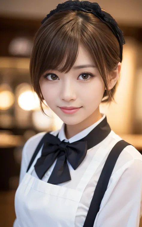 Cute 2 Japanese、apron、Black bow tie、Waiter、Cafe、Highly detailed face、Attention to detail、double eyelid、Beautiful thin nose、Sharp focus:1.2、beauty:1.4、(Light brown hair、short hair、)、Pure white skin、Highest quality、masterpiece、Ultra-high resolution、(Realisti...