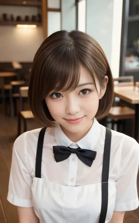 Cute 2 Japanese、apron、Black bow tie、Waiter、Cafe、Highly detailed face、Attention to detail、double eyelid、Beautiful thin nose、Sharp focus:1.2、beauty:1.4、(Light brown hair、short hair、)、Pure white skin、Highest quality、masterpiece、Ultra-high resolution、(Realisti...