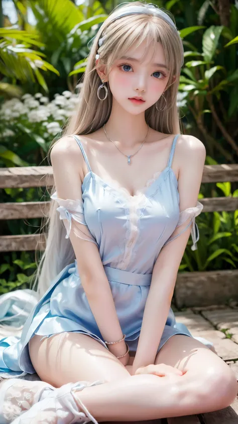 ((sfw: 1.4)), ( Beautiful white glowing skin, incomparable beauty, bright, fresh, gentle expression, perfect beautiful cute face, shiny platinum blonde silk super long straight hair, beautiful shiny bangs, eyeliner, big clear sky blue eyes,, earrings), (sf...