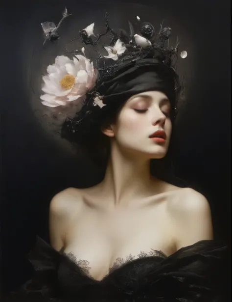 James Gurney, Surrealist art , dream-like, mysterious, Provocative, symbolic, Complex, detailed,, (Gothic but very beautiful:1.4), (masterpiece, Highest quality:1.4) , Nicola Samori Style, Fair skin、A girl as beautiful as a flower、Fleeting、delicate、Magical...