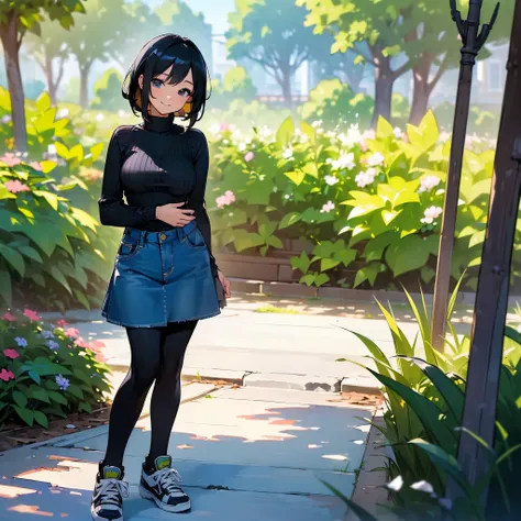 (high quality, High resolution, Very detailed, reality:1.37), Peaceful atmosphere, (Outdoor, garden), Teenage girl standing alone, (my breasts are big.), Beautiful details, Cute Smile, (Black bob hair), Ribbed sweater, Denim skirt, Black tights, sneakers.