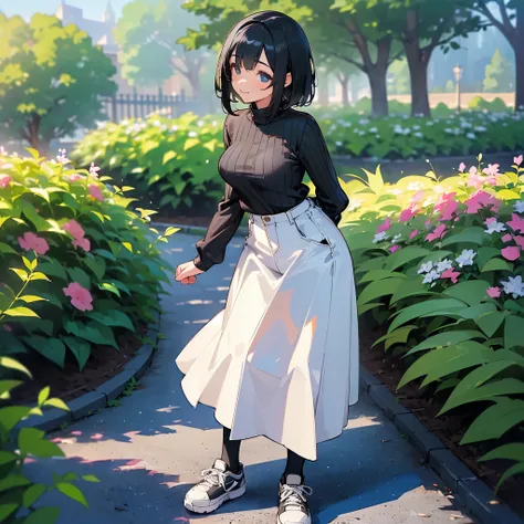 (high quality, High resolution, Very detailed, reality:1.37), Peaceful atmosphere, (Outdoor, garden), Teenage girl standing alone, (my breasts are big.), Beautiful details, Cute Smile, (Black bob hair), Ribbed sweater, Denim skirt, Black tights, sneakers.