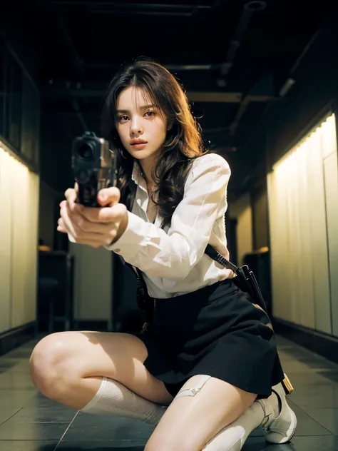 an assassin with white stockings, (((((holding gun))))). short skirt, lively, dramatic, hiding (movie lighting, depth of field, ...