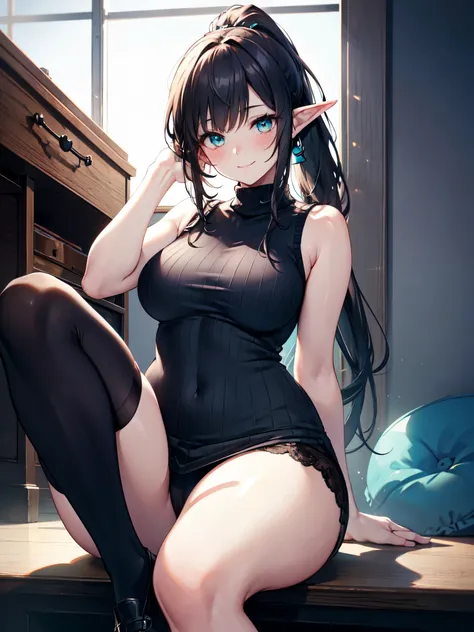 Realistic image, detailed image, coherent image, an elf, turquoise eyes, very long hair, black hair with highlights, combed in a ponytail, blushing, smiling, has a curvy body, medium breasts and thick thighs, is wearing a high neck, sleeveless sweater that...