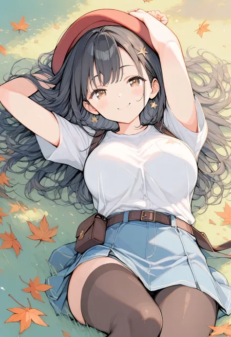 1girl, 17yo, brown eyes are shining and cute, black hair, long hair, tareme, (red-rimless eyewear:1.2), star earrings, medium breasts, smile, blushful,

BREAK


BREAK
girl lying on back On the grass, smug, blush,  large breast shirt, denim mini skirt, tigh...