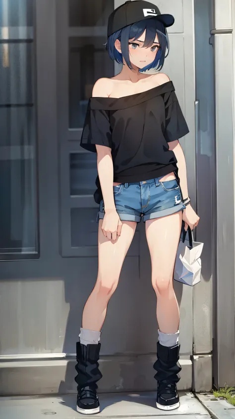 Inside the street,one boy,fem boy,black short hair,slender body,((full body)),((flat chest)),displeased,sulky,baseball cap,blue off-shoulder shirt,denim micro shorts,(slouch socks),(boots).