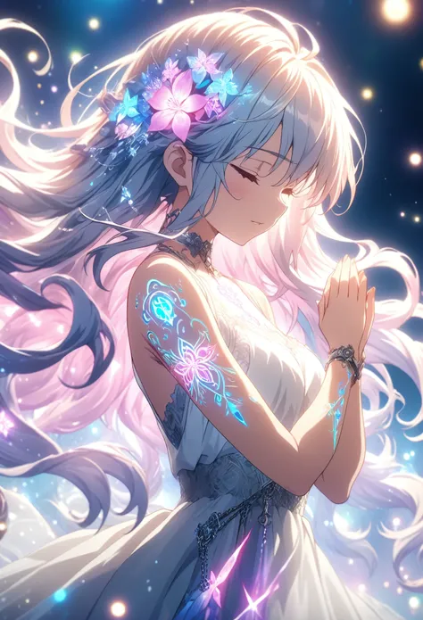 masterpiece, best quality, extremely detailed CG unity 8k wallpaper, Anime screenshot, artistic illustration of a female anime character with a glowing neon flower tattoo and chains spiraling all over her body. emits light. Theres a nice soft-focus effect ...