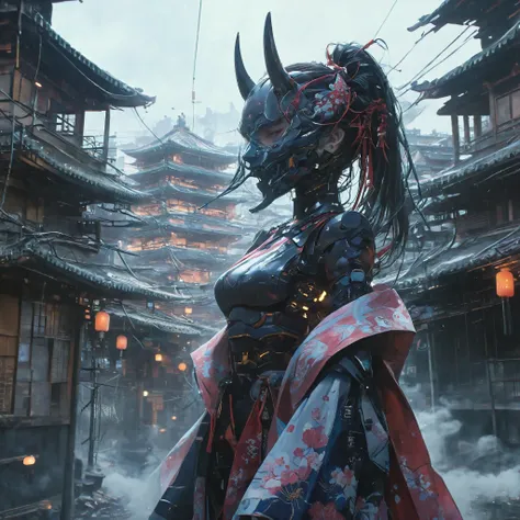 its neck is so long it looks like a kirin、creating an image of a female android in a beautiful kimono walking through the street...