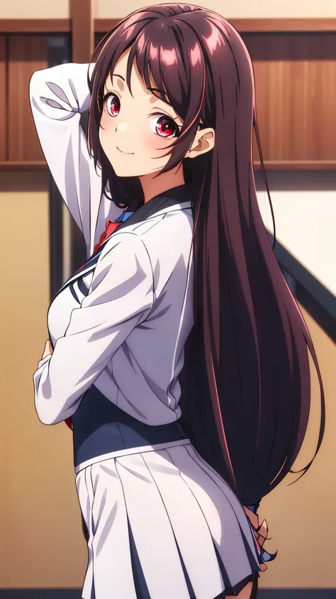 Show your armpits,Kaori Hojo, girl, (masterpiece: 1.1), (highest quality: 1.1), red eyes, long hair, cute smile, blush, ((school uniform), jacket, sleeve, tie, white skirt),  pantyhose, loafers, school room, ((looking back at viewer:1.1)), (from behind, ci...