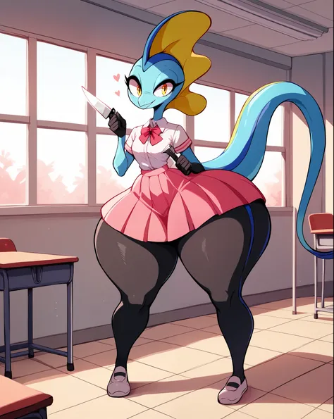 score_9, score_8_up, 1 girl, Inteleon, Happy, full body, indoors, human proportions, looking at viewer, by diives, no breasts, hyper hips, hyper thighs, hyper ass, wearing a pink Japanese schoolgirl uniform, holding a knife , face in love