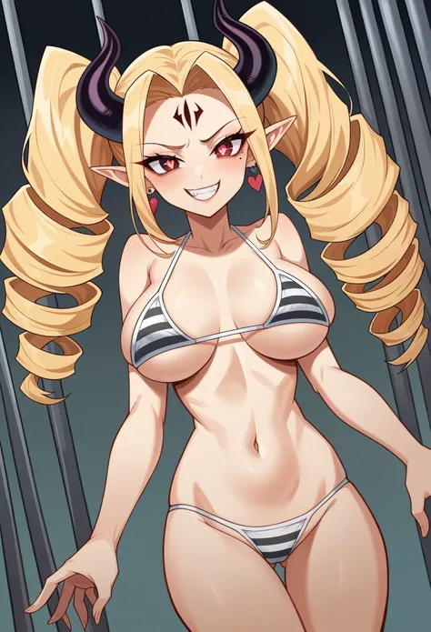 ccurate, NSFW1.5, streaked hair, twin drills, colored inner hair, blonde hair, devil pupils, mole under eye, longeyelashes, demon horns, forehead mark, pointy ears, heart earrings, makeup, fang, light smile, grin, Emphasize the chest, Super Breasts1．5, Gia...