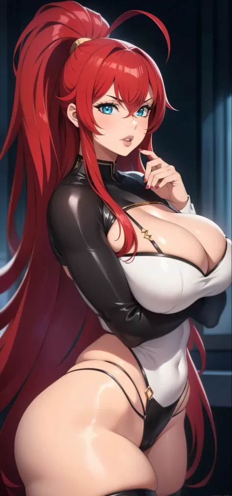 1girl, Rias Gremory, (((bimbo))), painted lips, thick lips, wide hips, thick thighs, huge ass, revealing cleavage, bubble butt, camel toe, huge breasts, posing, hands on breasts, nsfw, (best quality,4k,8k,highres,masterpiece:1.2), ultra-detailed, (realisti...