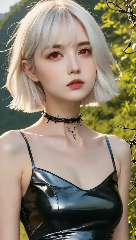 Highest quality、masterpiece、RAW Photos、Film Grain、Beautiful white-haired girl with piercing red eyes, Red Eyes, Expressionless,Barbed Wire Choker, Black nails,Tight fitting black latex dress、Gorgeous Dress、Reflective Dress、Outdoor、wilderness、暗いwilderness