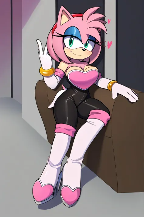 score_9, score_8_up, 2D, flat color, looking at viewer, (1girl), (solo), very detailed, extremely detailed, Amy Rose from the sonic the hedgehog series, portrait, smile, looking at viewers, hair down, hair bangs, large bust, milf, Rouge cosplay, cosplay, R...