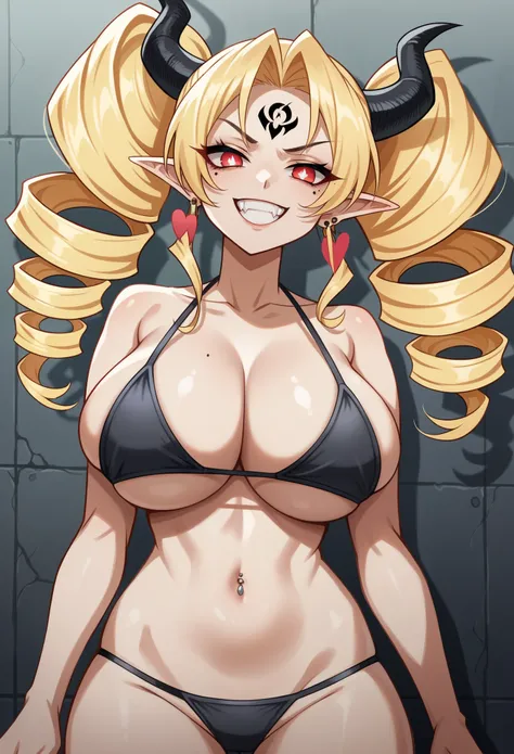 ccurate, NSFW1.5, streaked hair, twin drills, colored inner hair, blonde hair, devil pupils, mole under eye, longeyelashes, demon horns, forehead mark, pointy ears, heart earrings, makeup, fang, light smile, grin, Emphasize the chest, Long Breasts, Pattern...