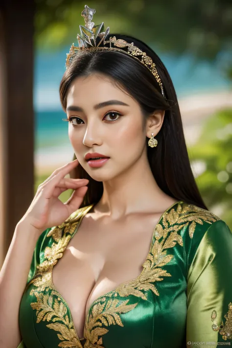 A Javanese woman, a queen

Don a royal green velvet kebaya with a high neckline.
Adorn a tiara or crown with intricate gemstones.
Concept: Channel an aura of regal sophistication with strong, charming poses, full body shots.
RAW photoshots, masterpiece 
ni...