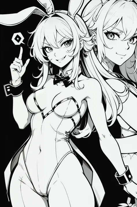 bunny suit,playboy,Line Art,Monochrome,smirking,arm to mouth