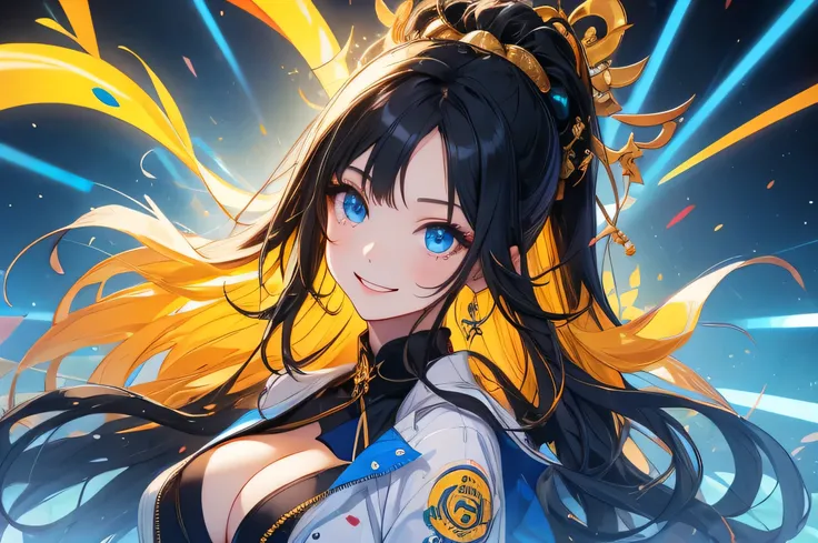 One person、Slanted Eyes、blue eyes、Black Hair、A female employee at a pachinko parlor、A background with a fantastical black and yellow theme、Red cheeks、Golden hair fastening、Sexy chest、smile