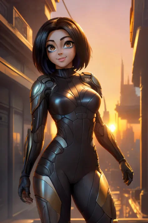 ((ultra quality)), ((masterpiece artwork)), alita battle angel, ((blackw, shorth hair)) (beautiful cute face), (beautiful female...