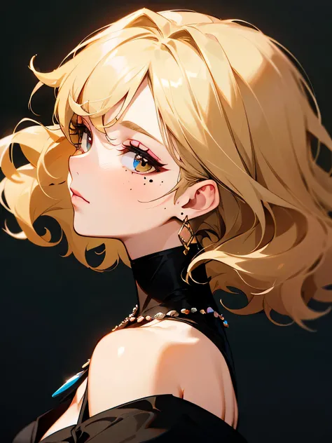 sideview,solo, close up face, blonde very short curlywavy:1.3 hair, attractive face, makeup, black earrings, mole under the eye, tsurime:1.2, black gorgeous dress, off shoulder, gorgeous necklace, looking at me,