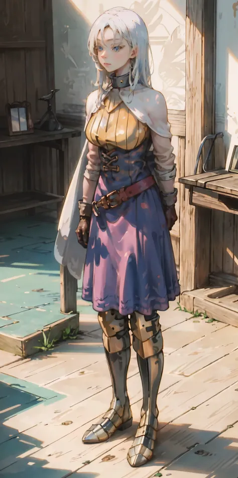 (masterpiece, best quality), 1girl, KnightFFT, long hair, blonde hair, blue eyes, cape, armor, blue dress, belt, gloves, boots, iron collar, arms behind back, iron cuffs, shackles, bound ((standing by wooden pole:1.2)) looking from above happy closed mouth