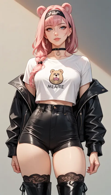 Izayoi Seishin artstyle, (score_9, score_8_up, score_7_up), (best quality, masterpiece),perfect anatomy,(aesthetic,very aesthetic),official style, (ultra-high resolution), 1girl, long pink hair, black bear headband with bear ears, fluffy black choker, whit...