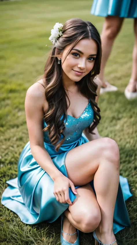 Realistic full body photo of a brunette flower girl aged 23 with long hair, smile. She dances in front of the camera in a long A-line dress with straps made of shiny, lightblue satin..., Park,Glamour photoshoot under the skirt, Wedding celebration, perfect...