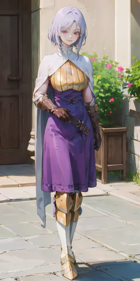 (Female chest covered)(smile) Gray skin, pale golden hair and violet eyes. She prefers clothing of white and silver with cloaks of deep blue or purple, village background, huge_knockers ((very precise detailed)) ((highres) (masterpiece, best quality), 1gir...
