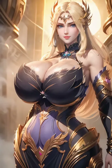 masterpiece,Soul Land_Qian RenXue ,best quality,Soul Land_Qian RenXue black blue dress, (gigantic breasts:2),muscle,in dungeon, looking at viewer, cowboy shot,golden hair, curvy, blue eyes,fog,drenched in sweat,pink cheeks,shiny suit ,smile without opening...