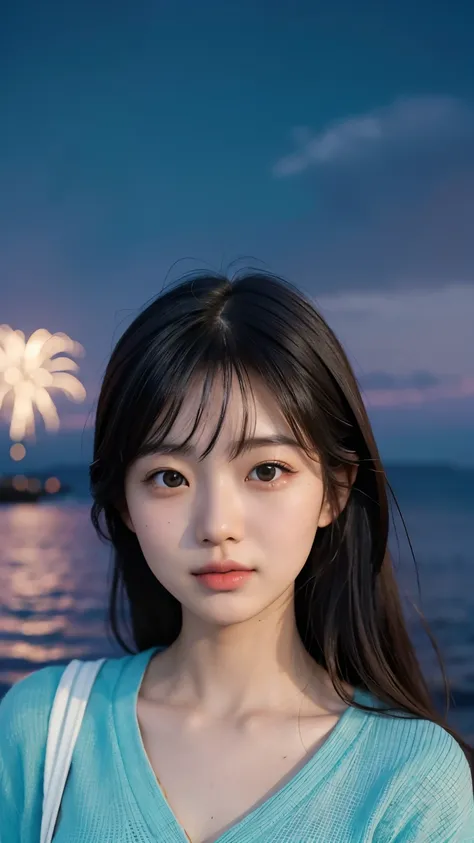 Japanese，Age 22，beautiful girl，Randomly generated people with diverse facial features and hairstyles，Perfect Anatomy,Ocean，Beach，firework，Night Sky，Launch firework， Ocean，sweet girl，Photoshoot，magazine photography