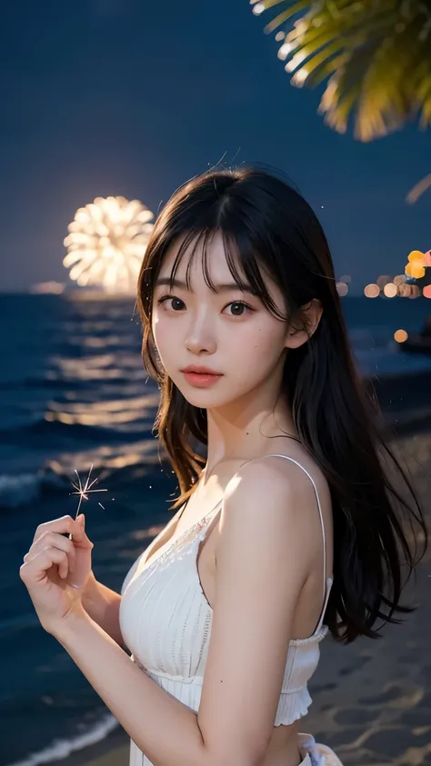 Japanese，Age 22，beautiful girl，Randomly generated people with diverse facial features and hairstyles，Perfect Anatomy,Ocean，Beach，firework，Night Sky，Launch firework， Ocean，sweet girl，Photoshoot，magazine photography