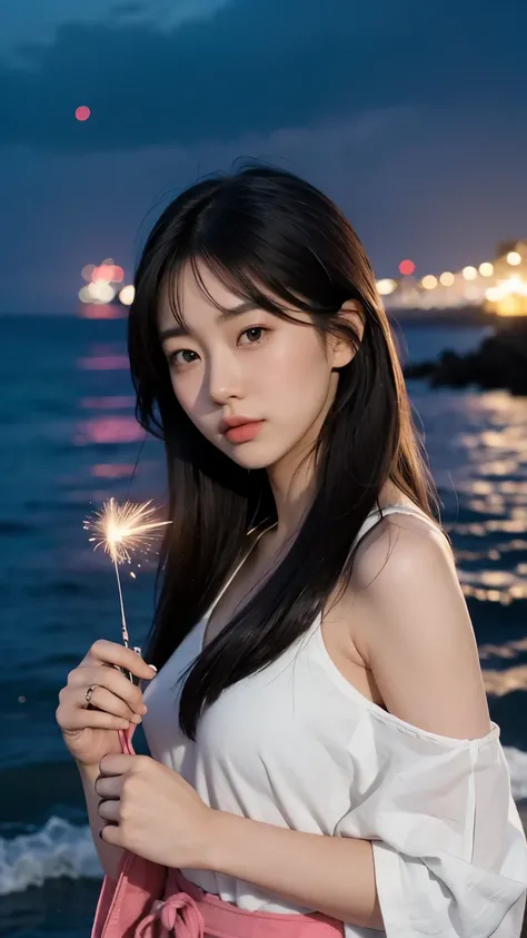 Japanese，Age 22，beautiful girl，Randomly generated people with diverse facial features and hairstyles，Perfect Anatomy,Ocean，Beach，firework，Night Sky，Launch firework， Ocean，sweet girl，Photoshoot，magazine photography