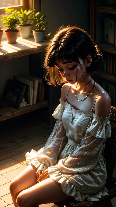 sitting, looking down, short wavy hair, bangs, white off-shoulder dress with ruffled sleeves, chains wrapped around arms and legs, indoor, dark cluttered room, wooden walls, shelves with books and frames, packed boxes, sunlight entering from a window with ...