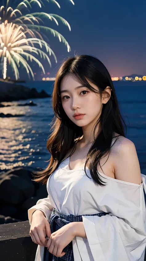 Japanese，Age 22，beautiful girl，Randomly generated people with diverse facial features and hairstyles，Perfect Anatomy,Ocean，Beach，firework，Night Sky，Launch firework， Ocean，sweet girl，Photoshoot，magazine photography