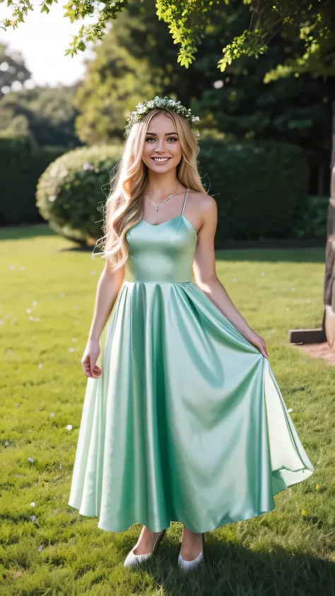 Realistic full body photo of a blonde flower girl aged 23 with long hair, smile. She dances in front of the camera in a long A-line dress with straps made of shiny, darkgreen satin..., Park,Glamour photoshoot under the skirt, Wedding celebration, perfect a...