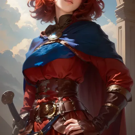 short wavy red hair, blue and brown renaissance style outfit with leather details, mitts, and a belt. Wearing a cloak with a brooch, carrying a sword, standing with one arm on waist, looking confident. THE BACKGROUND IS SIMPLE, and the image has a soft ton...