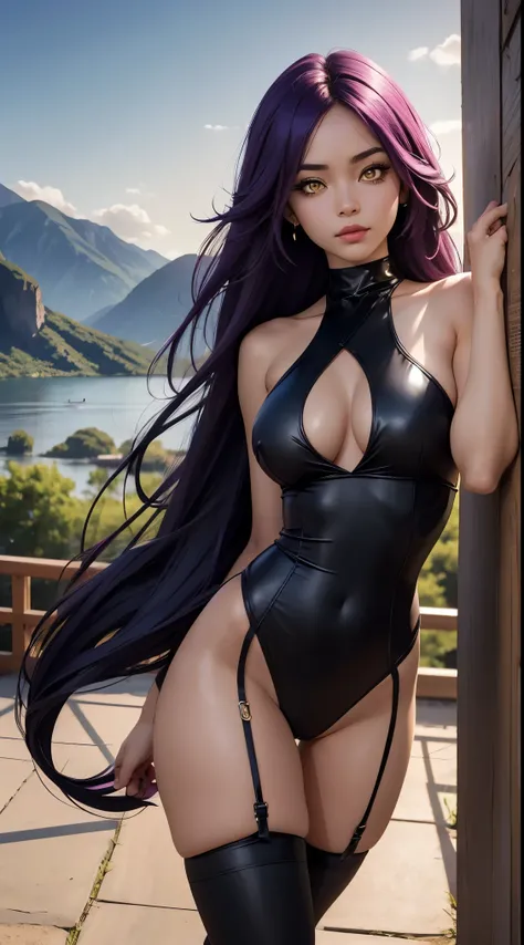 The best quality, expressive eyes, perfect face, close up in the face, Shihouin Yoruichi (Whiten), Dark skin, black leotard, yellow eyes, purple hair, Long hair, Horse tail, sunrise, lake, mountains, sexy fitted dress, sexy stockings, busty, lingerie,