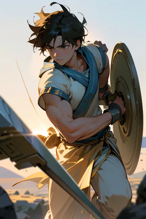 (8k), RAW photo, best quality, masterpiece:1.2), (realistic, photo-realistic:1.37), 1boy, ((anime main character)), ((Greek)),  A heroic Olympian god or goddess, wielding a powerful weapon and embodying a specific element or quality, sword and shield,