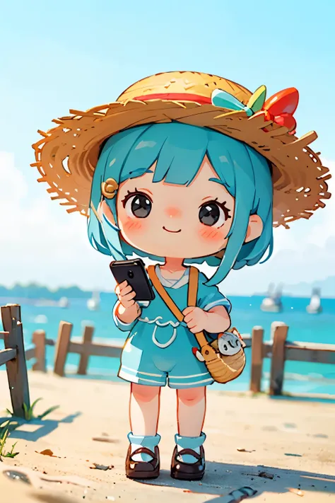 Photorealistic、Blind Box、Chibi Girl Doll(Blushing smile、hairpin、Cute Shoes、one piece、Summer clothes、Straw hat、Taking a photo with a smartphone）、Seaside park in the background