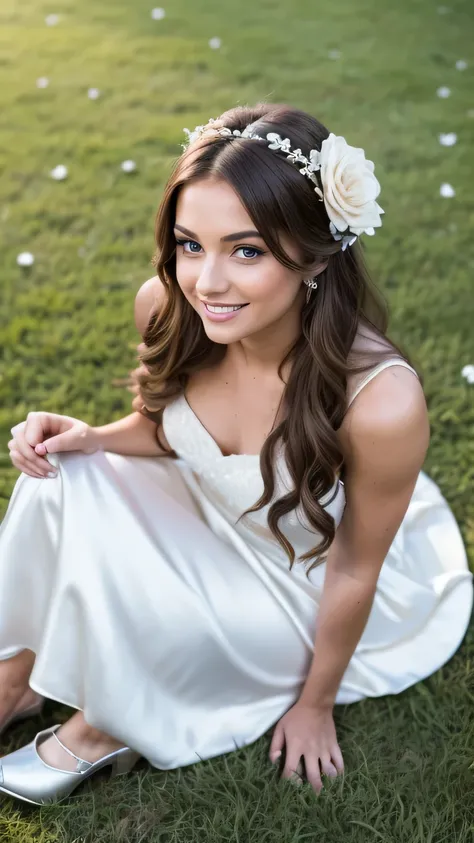 Realistic upper body photo of a brunette flower girl aged 23 with long hair, smile. She dances in front of the camera in a long A-line dress with straps made of shiny white satin..., Park,Glamour photoshoot under the skirt, Wedding celebration, perfect ana...