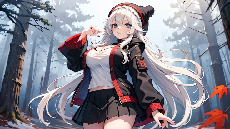 masterpiece, high quality, A pretty woman, Long hair, wavy hair, White hair, blue eyes, smiling face, big breasts, juicy breasts, Open shirt, short skirt, black jacket, black beanie hat, Whole body, background of a forest full of red-leafed trees 