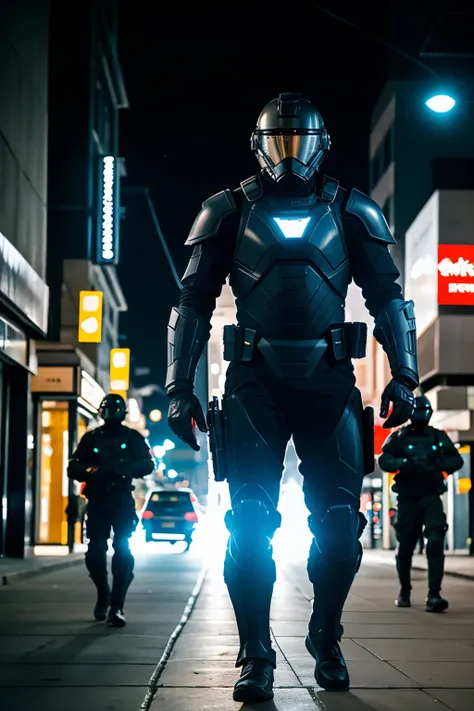 Man in city, Black sci-fi armor suit, highech sci-fi suit, holding assault rifle, Walking through empty streets, tinted visor, night time, evening, High tech Assault rifle